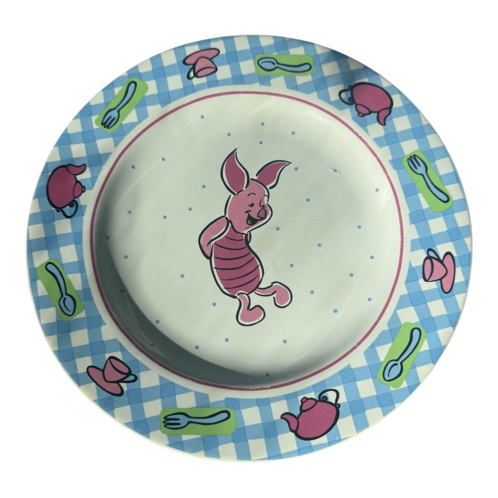 Vintage 1997‎ Disney Piglet Plate Sakura NY Blue Gingham Ceramic Winnie the Pooh